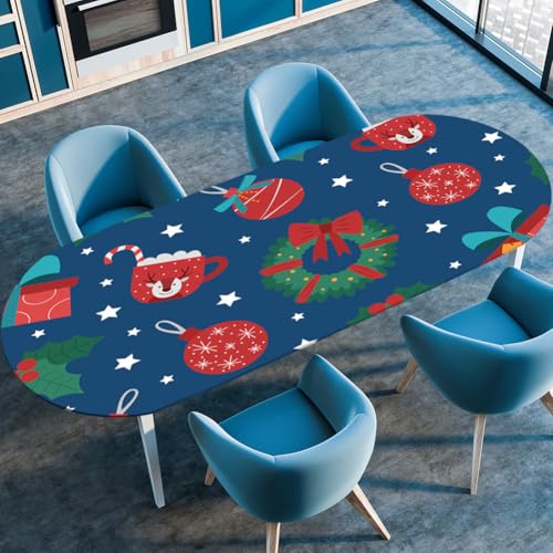 FANSU Ovale Tischdecke Blau Garten Abwaschbar mit Elastischem Rand,für Outdoor Gartentischdecke Elastisch für Küche, Esszimmer, Picknick, Party (132cmx178cm（52"x70"）,Weihnachtskugel) von FANSU