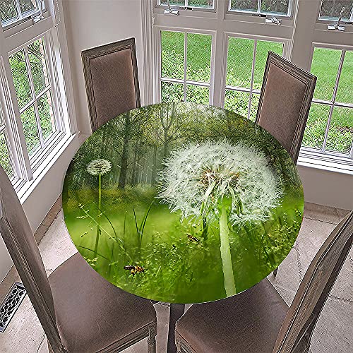 FANSU Runde Tischdecke Abwaschbar 3D Löwenzahn Drucken Elastische Gartentischdecke Rundtischdecke wasserdichte rutschfeste Abwischbar für Outdoor (Wald,Durchmesser 90cm) von FANSU