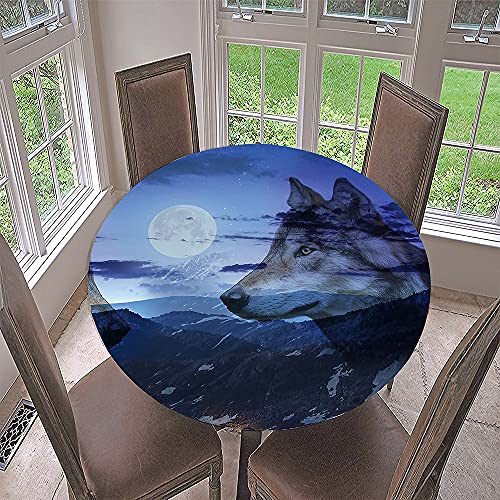 FANSU Runde Tischdecke Garten Abwaschbar, 3D Wolf Motiv Serie Polyester Fleckschutz Tischdecken Größe wählbar für Haushalt Gartentisch (Durchmesser 120cm,Mond Wolf) von FANSU