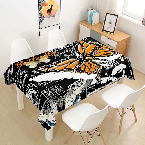 FANSU Tischdecke Tischwäsche, 3D Frühling Schmetterling Rechteckige Abwaschbar Tischtuch Draussen Küchentischabdeckung für Dekoration Garten Küche Outdoor (140x160cm,Schwarz Orange) von FANSU