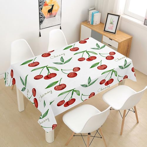 FANSU Tischdecke Tischwäsche, Rechteckige Abwaschbar Tischtuch Draussen Küchentischabdeckung für Dekoration Garten Küche Outdoor -Kirsch Frucht 3D (140x140cm,Grün Blatt) von FANSU