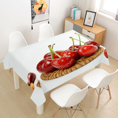 FANSU Tischdecke Tischwäsche, Rechteckige Abwaschbar Tischtuch Draussen Küchentischabdeckung für Dekoration Garten Küche Outdoor -Kirsch Frucht 3D (140x160cm,Weiß) von FANSU