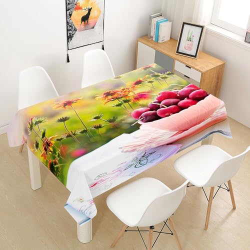 FANSU Tischdecke Tischwäsche, Rechteckige Abwaschbar Tischtuch Draussen Küchentischabdeckung für Dekoration Garten Küche Outdoor -Kirsch Frucht 3D (90x90cm,Blume) von FANSU