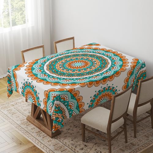 FANSU Tischdecke Tischwäsche, Rechteckige Abwaschbar Tischtuch Draussen Küchentischabdeckung für Dekoration Garten Küche Outdoor -Mandala 3D (80x120cm,Orange) von FANSU