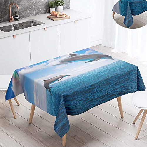 FANSU Tischdecke Wasserdicht Tischwäsche, Rechteckige Wasserabweisend Abwaschbar 3D Delfin Tischtuch Draussen Küchentischabdeckung für Outdoor Garten Küche Dekoration (Blauer Himmel,140x240cm) von FANSU