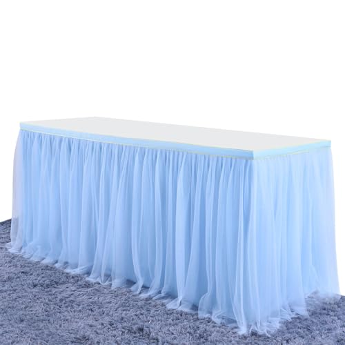 FANSU Tüll Tischrock, Doppelschicht Tischröcke Party Deko Tischrock Tisch Rock Tischdekoration, für Babyparty Taufe Weihnachten Geburtstag Kuchen Hochzeit Bankett (14FT/427x77cm,Blau) von FANSU