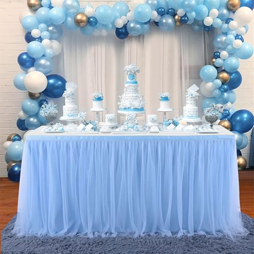 FANSU Tüll Tischrock, Doppelschicht Tischröcke Party Deko Tischrock Tisch Rock Tischdekoration, für Hochzeit Bankett Babyparty Taufe Weihnachten Geburtstag Kuchen (14FT/427x77cm,Blau) von FANSU