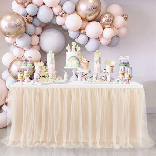 FANSU Tüll Tischrock, Doppelschicht Tischröcke Party Deko Tischrock Tisch Rock Tischdekoration, für Hochzeit Bankett Babyparty Taufe Weihnachten Geburtstag Kuchen (14FT/427x77cm,Champagnerfarbe) von FANSU