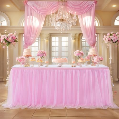 FANSU Tüll Tischrock, Doppelschicht Tischröcke Party Deko Tischrock Tisch Rock Tischdekoration, für Hochzeit Bankett Babyparty Taufe Weihnachten Geburtstag Kuchen (14FT/427x77cm,Rosa) von FANSU