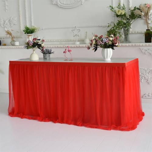 FANSU Tüll Tischrock, Doppelschicht Tischröcke Party Deko Tischrock Tisch Rock Tischdekoration, für Hochzeit Bankett Babyparty Taufe Weihnachten Geburtstag Kuchen (6FT/183x77cm,Rot) von FANSU