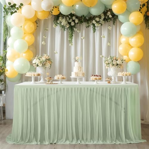 FANSU Tüll Tischrock, Party Deko Tischrock Tischröcke Tisch Rock Tischdekoration, Einfache Montage und Wiederverwendbar, für Geburtstag Kuchen Babyparty Hochzeit (Blassgrün A,4FT/122x77cm) von FANSU