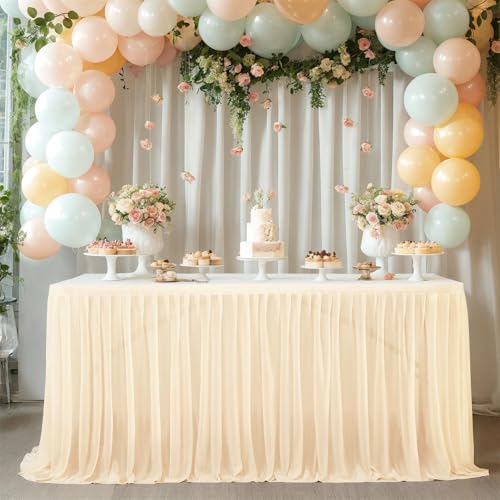 FANSU Tüll Tischrock, Party Deko Tischrock Tischröcke Tisch Rock Tischdekoration, Einfache Montage und Wiederverwendbar, für Geburtstag Kuchen Babyparty Hochzeit (Champagnerfarbe A,4FT/122x77cm) von FANSU