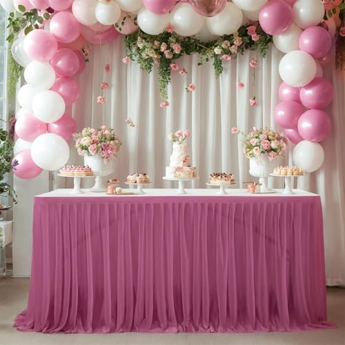 FANSU Tüll Tischrock, Party Deko Tischrock Tischröcke Tisch Rock Tischdekoration, Einfache Montage und Wiederverwendbar, für Geburtstag Kuchen Babyparty Hochzeit (Fuchsia A,14FT/427x77cm) von FANSU