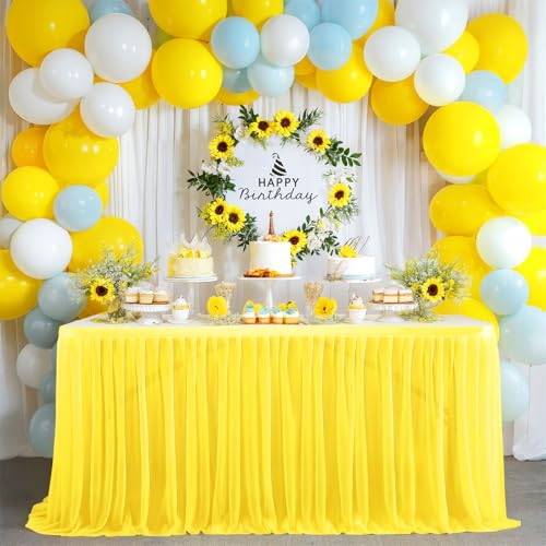 FANSU Tüll Tischrock, Party Deko Tischrock Tischröcke Tisch Rock Tischdekoration, Einfache Montage und Wiederverwendbar, für Geburtstag Kuchen Babyparty Hochzeit (Gelb A,4FT/122x77cm) von FANSU