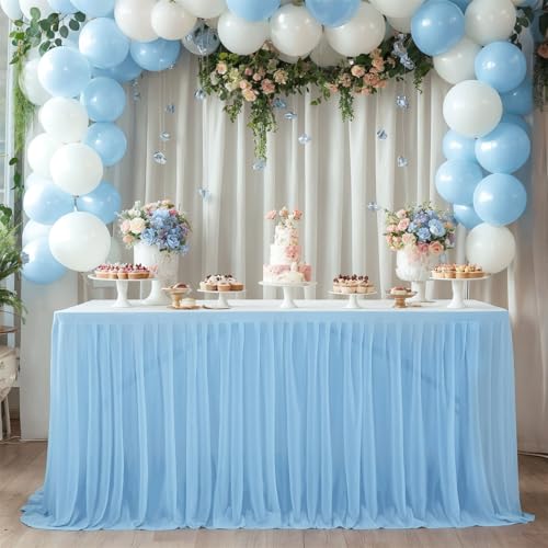 FANSU Tüll Tischrock, Party Deko Tischrock Tischröcke Tisch Rock Tischdekoration, Einfache Montage und Wiederverwendbar, für Geburtstag Kuchen Babyparty Hochzeit (Himmelblau A,14FT/427x77cm) von FANSU