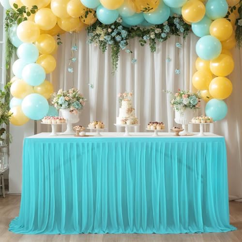 FANSU Tüll Tischrock, Party Deko Tischrock Tischröcke Tisch Rock Tischdekoration, Einfache Montage und Wiederverwendbar, für Geburtstag Kuchen Babyparty Hochzeit (Seeblau A,14FT/427x77cm) von FANSU