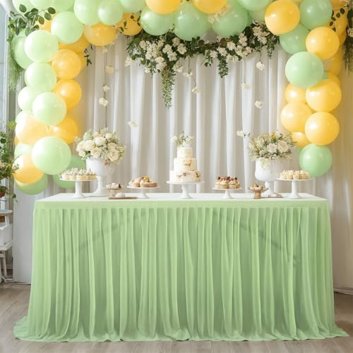 FANSU Tüll Tischrock, Party Deko Tischrock Tischröcke Tisch Rock Tischdekoration, Einfache Montage und Wiederverwendbar, für Geburtstag Kuchen Hochzeit Babyparty (14FT/427x77cm,Blassgrün A) von FANSU