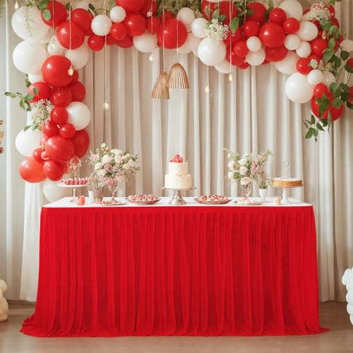 FANSU Tüll Tischrock, Party Deko Tischrock Tischröcke Tisch Rock Tischdekoration, Einfache Montage und Wiederverwendbar, für Geburtstag Kuchen Hochzeit Babyparty (4FT/122x77cm,Rot A) von FANSU