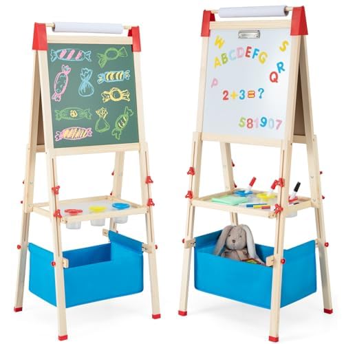 FANTASK 3 in 1 Kindertafel, Kinder Staffelei doppelseitig, Whiteboard & Kreidetafel & Zeichenpapier mit Buchstaben, Zahlen, Kreiden & Farbstift von FANTASK