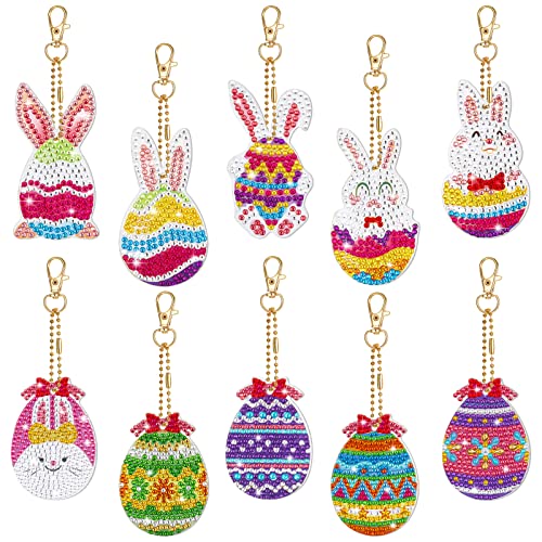 FANTESI 10 Stück Ostern Diamond Painting Anhänger 5D Diamant Painting Schlüsselanhänger Kit Osterdeko Schlüsselanhänger Geschenke Handwerk Osternhase Hase Ostereier Diamantmalerei für Kinder Handwerk von FANTESI