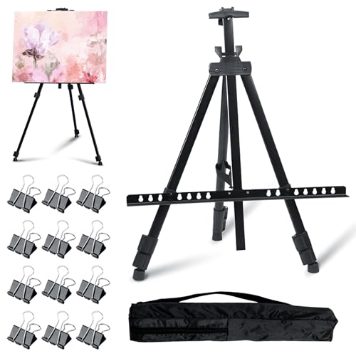 FANWINKJ Große Aluminium-Studio-Staffelei 55-145 cm mit 12 klappbaren Clips und Aufbewahrungstasche zur Präsentation von Leinwandbildern, geeignet für Hochzeiten, Werbung und Kunstmalerei von FANWINKJ