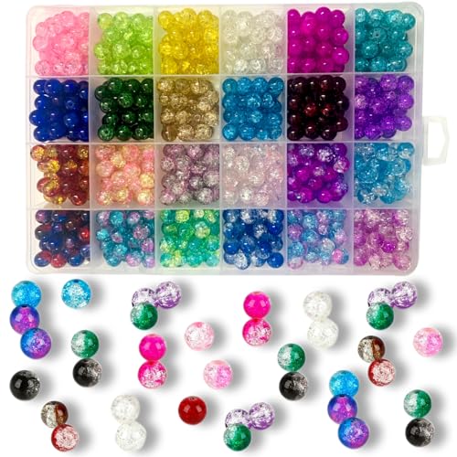 FAPUMOE 600 Stück Rissglasperlen-Set (8 mm), 24-Gitter bunte runde handgefertigte Crack Lampwork Perlenmischung für DIY-Armband-Halskette Schmuckherstellung von FAPUMOE