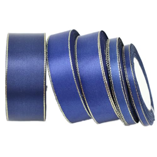 (25 Yards/Rolle) tiefblaues Satinband mit goldenem Rand, Geschenkbänder (6/10/25/40 mm) – Dunkelblau – 10 mm von FAQIMORAX