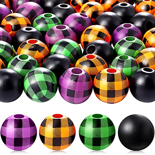 100 Stück 1,8 cm karierte Holzperlen Schwarz Lila Orange Grün Büffel Plaid Holzperlen Handpolierte Holz Runde Perlen Natürliche Perlen für Halloween Dekoration DIY Handwerk Girlande Home Decor von FARUTA