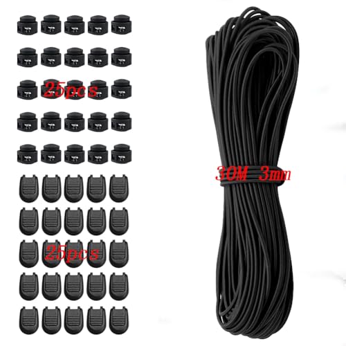 30 Meter Elastische Gummischnur - Mit 25 Stück Reißverschluss Pull Cord Lock Cord,25 Stück Doppel-Loch Frühling für Rucksack,Gummikordel schwarz 3 mm,für Wäscheleinen, Camping von FARYODI