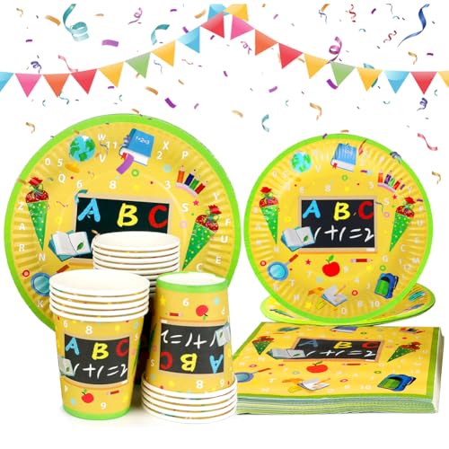 80 Teile Schulanfang Einschulung Party Deko Set - 20 Gäste Einschulung Deko,Einschulung Schuleinführung Schulanfang Deko Set,mit Pappteller, Becher,Servietten,Schuleinführung Partygeschirr für Mädche von FARYODI