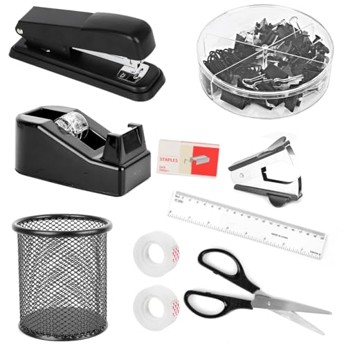 Schwarzes Bürobedarf & Schreibtischzubehör Set - Komplettes Arbeitsplatz-Organizer-Kit inklusive großem Hefter, Klebebandspender, Heftklammerentferner, Heftklammern, Clips, Schere und Tabs von FARYODI