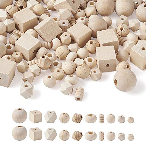 150 Stück unlackierte Holzperlen, 9 ~ 25 mm, natürliche, runde Würfel, Polygon, Doppelkegel, Rondelle, Spalte, Holzperlen, Abstandshalter für DIY, Handwerk, Schmuckherstellung von FASHEWELRY