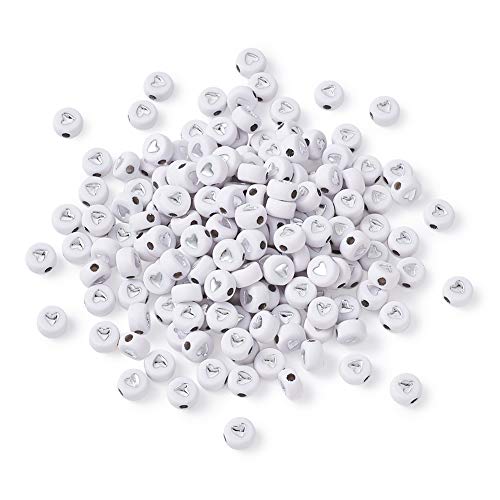 365 Stück 7 mm weiße Acrylperlen flach rund mit versilbertem Herz überzogene Abstandshalter Perlen für Kinder DIY Schmuckherstellung von FASHEWELRY