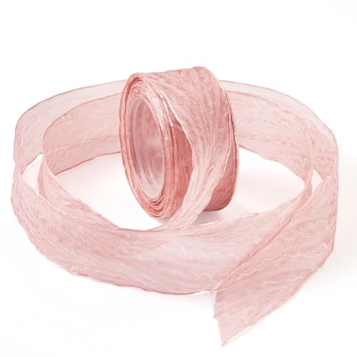 FASHEWELRY 1 Rolle Knitter-Chiffon-Spitzenbänder, 2,5 cm, handgefertigtes Tüll-Seidenband, transparent, dunkelroter Stoff für Brautblumenstrauß, Hochzeitsdekoration, Geschenkverpackung von FASHEWELRY