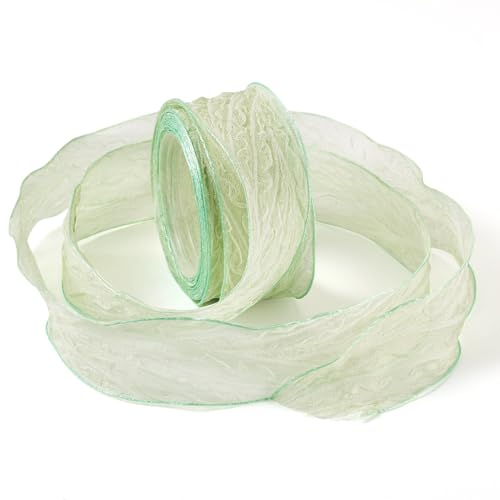 FASHEWELRY 1 Rolle Knitter-Chiffon-Spitzenbänder, 2,5 cm, handgefertigtes Tüll-Seidenband, transparenter grüner Stoff für Brautblumenstrauß, Hochzeitsdekoration, Geschenkverpackung von FASHEWELRY