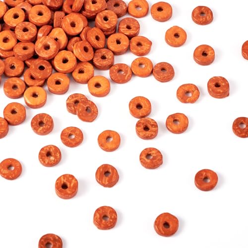 FASHEWELRY 100 Stück flache runde Kokosperlen, 9 mm, Scheibengefärbt, Donut-Perlen, lose Abstandshalter, Perlen für DIY-Schmuckherstellung, handgefertigte Armbänder, Halsketten, Orangebraun von FASHEWELRY