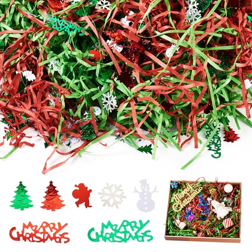 FASHEWELRY 100 g Weihnachts-Themen-Zerkleinerungspapier, Knisterschnitt-Papier, rot und grün, Bastfüller für Heimwerker, Weihnachten, Party, Schmuckbox, Süßigkeiten, Verpackung, Füllkorbherstellung von FASHEWELRY