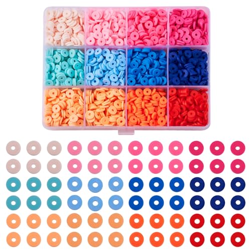 FASHEWELRY 12 Farben, 6 mm, handgefertigte Polymer-Ton-Perlen, bunte Scheiben, Heishi-Perlen, Ton-Perlen, 6 mm, flache runde Perlen für DIY-Freundschaftsarmbänder, Halsketten, Schmuckherstellung von FASHEWELRY