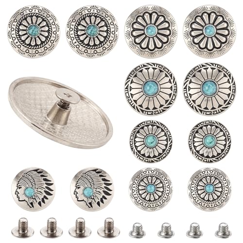 FASHEWELRY 12 Sets Legierung Münze Schraubverschluss Nieten Flach Rund Antik Silber Blume Dekoration Türkis Knöpfe Bohemian Western Schmuck für DIY Leder Nähen Handwerk Taschen Dekor von FASHEWELRY