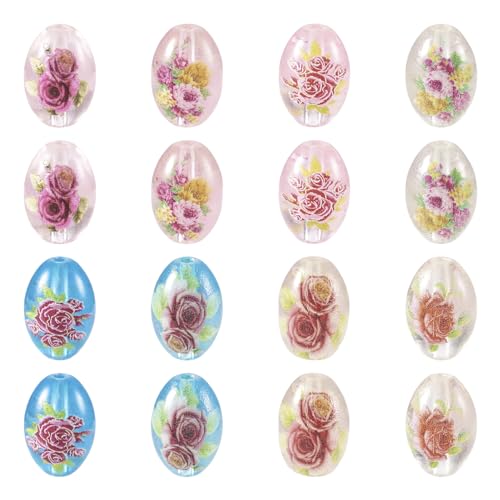 FASHEWELRY 16 Stück ovale transparente Glasperlen mit Blumenmuster, lose Abstandshalter für DIY-Armbänder, Halsketten, Schmuckherstellung, Schlüsselanhänger, Schlüsselband von FASHEWELRY