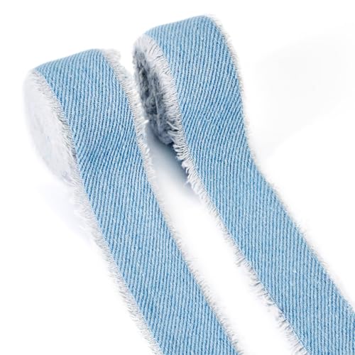 FASHEWELRY 2 Rollen Fransen Denim Blau Bänder 2,5 cm hellblau Jeansstoff ausgefranste Fransen Jeansbänder Nähborte für Handwerk Geschenkverpackung Schleifen Hochzeitssträuße Heimdekoration von FASHEWELRY