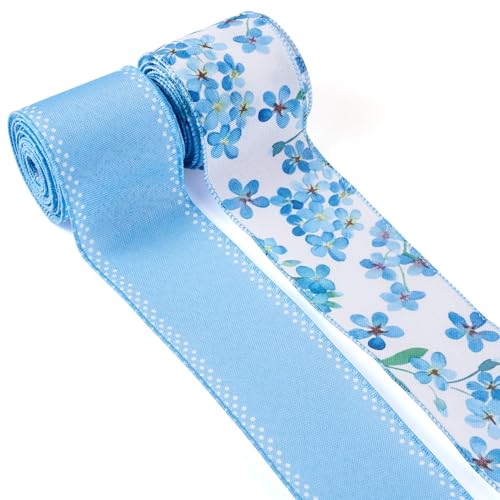 FASHEWELRY 2 Rollen blaue Blumen Drahtbänder 9,1 m Sommer Floral Craft Ribbon Blume gedruckt Spitzenbesatz Band meerblaue Bänder für Schleife, Kranz, Geschenkverpackung, Hochzeit, Brautstrauß von FASHEWELRY