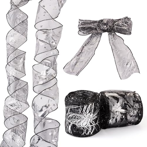 FASHEWELRY 2 Stile Halloween-Themen-Polyester-Dekobänder mit Drahtrand, Spitzenband für Halloween, Heimdekoration, DIY, Handwerk, Schleife, Kostüm, Kranz, Verpackung, Silber von FASHEWELRY