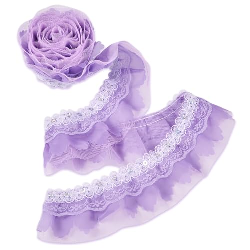 FASHEWELRY 2-lagiger Organza-Spitzenbesatz, 2,2 m, Rüschen-Spitzenband, 5,1 cm, plissierter Stoffbesatz zum Nähen, Basteln, Hochzeit, Brautkleid, Applikationen, Kopfschmuck von FASHEWELRY