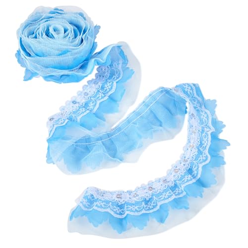 FASHEWELRY 2-lagiger Organza-Spitzenbesatz, 2,2 m, blaues Rüschen-Spitzenband, 5,1 cm, plissierter Stoffbesatz zum Nähen, Basteln, Hochzeit, Brautkleid, Applikationen, Kopfschmuck von FASHEWELRY