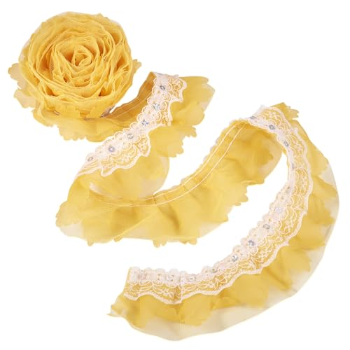 FASHEWELRY 2-lagiger Organza-Spitzenbesatz, 2,2 m, gelbes Rüschen-Spitzenband, 5,1 cm, plissierter Stoffbesatz zum Nähen, Basteln, Hochzeit, Brautkleid, Applikationen, Kopfschmuck von FASHEWELRY