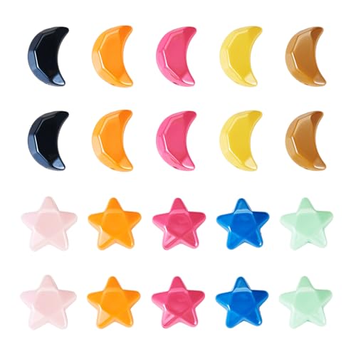 FASHEWELRY 20 Stück Mond Stern blickdichte Acrylperlen bunt, niedlich, Mond, Halbmond-Stern, Acryl, lose Abstandshalter, Perlen für DIY-Schmuckherstellung, handgefertigtes Bastelzubehör von FASHEWELRY