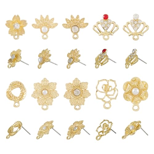 FASHEWELRY 20 Stück goldene Blumen-Ohrstecker, filigran, hohl, Imitationsperlenohrringe, Strass-Steine mit Schlaufen für Schmuckherstellung von FASHEWELRY