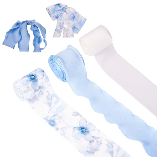 FASHEWELRY 3 Rollen blaue Blumen Drahtbänder 13,7 m blau-weiß gerüschte Bänder Rose Blume Chiffonband reine romantische Bänder für Schleife, Kranz, Geschenkverpackung, Hochzeit, Brautstrauß von FASHEWELRY