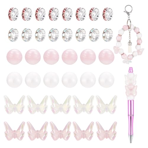 FASHEWELRY 30 Stück 15 mm rosa Silikon-Perlen Glas Strass Spacer Perlen Schmetterling Acryl Perlen für DIY Schlüsselanhänger Handgelenkbänder Perlen Stift Schmuckherstellung von FASHEWELRY